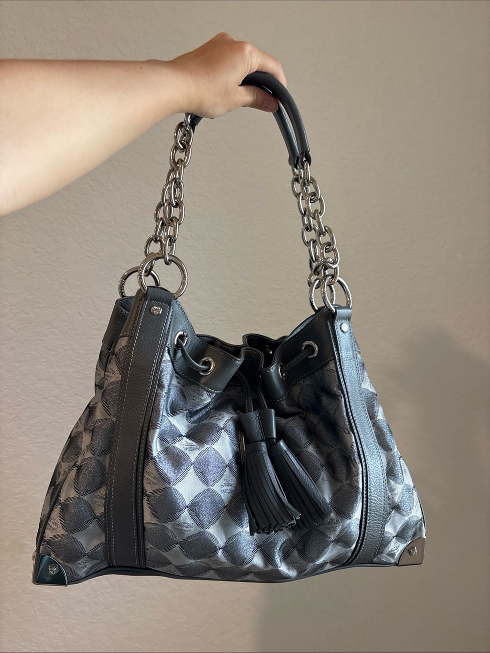 MCM Gray Drawstring Tote Bag with Chain Handle - Picture 13 of 16